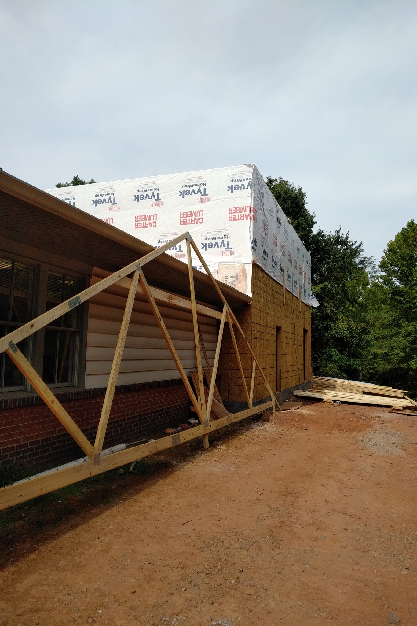 A partially constructed house with exposed wooden frames and Tyvek wrap, set against a clear sky and surrounded by trees. Soil is visible in the foreground.