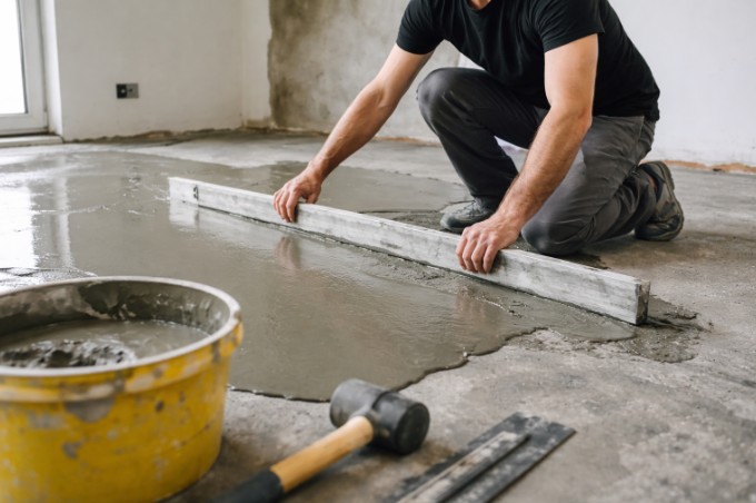 Flooring contractor leveling subfloor with before installation.