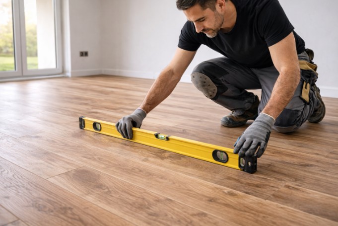 Flooring contractor inspecting finished floor with level during quality check.