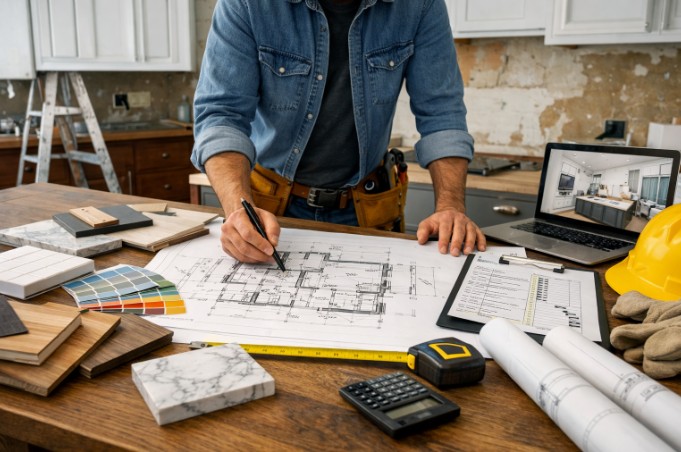 Kitchen remodeler reviewing floor plans and materials for renovation planning.