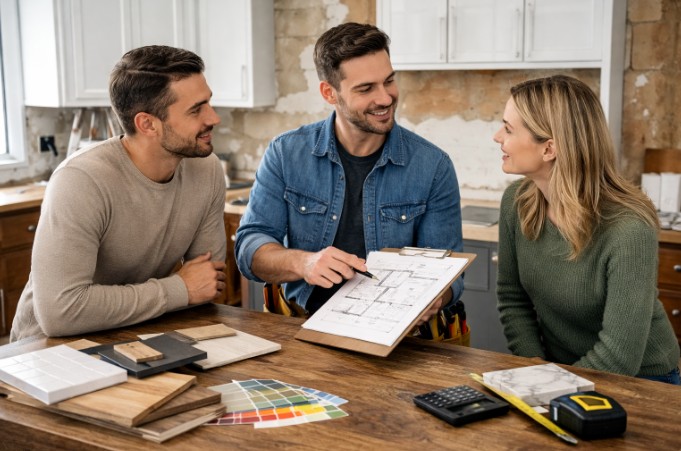Kitchen remodeler reviewing floor plan with homeowners during renovation consultation.