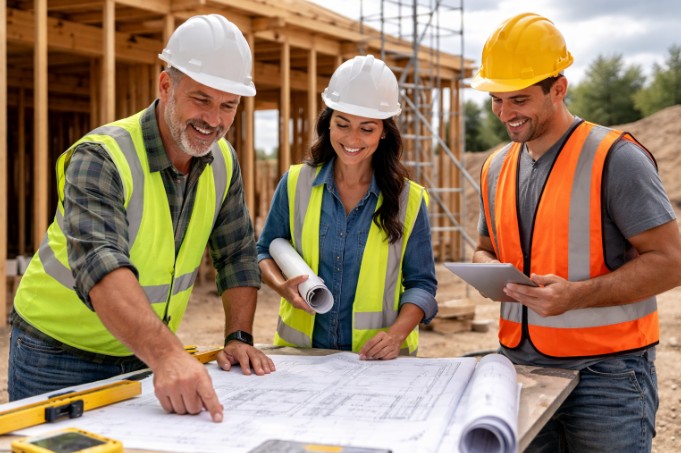 Construction company team reviewing blueprints on job site.