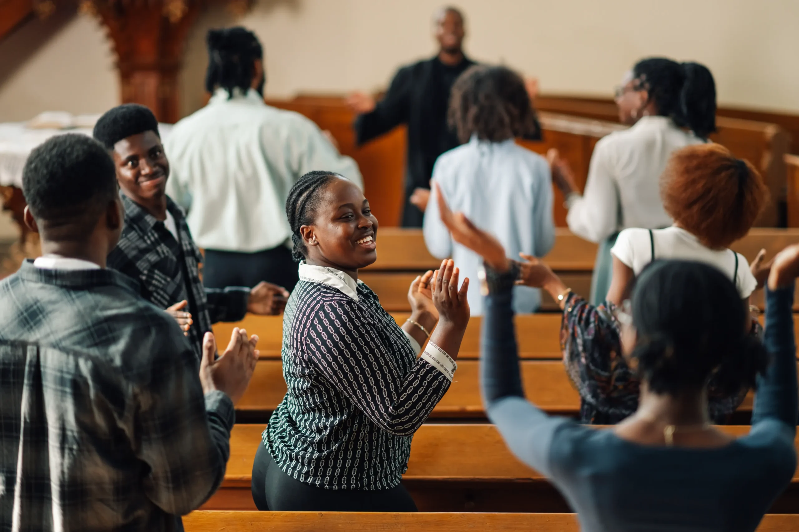 Community gathering in a church interior, showcasing places of worship.
