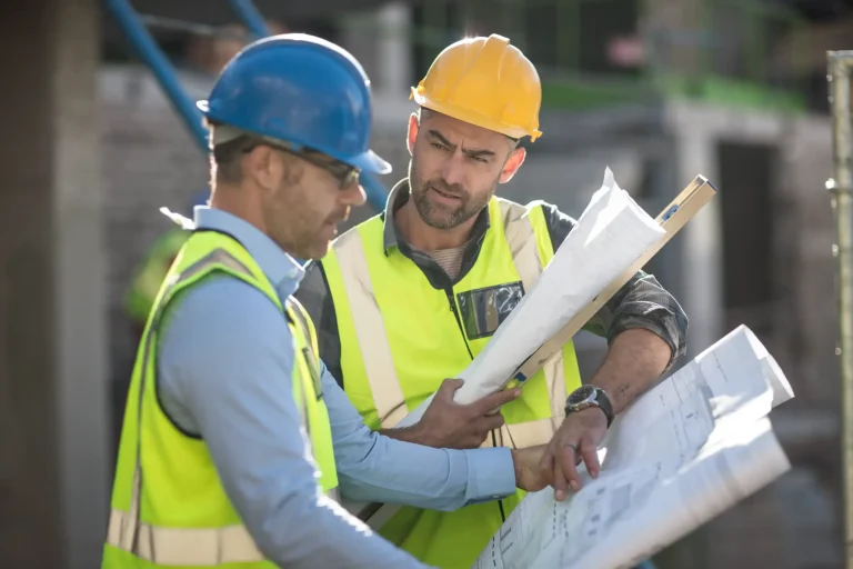 Construction workers discussing blueprints at a commercial construction site.