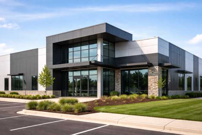 Modern commercial structure built using metal building services with a clean exterior design.