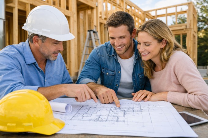 Builder explaining framing progress to clients during construction of custom homes.